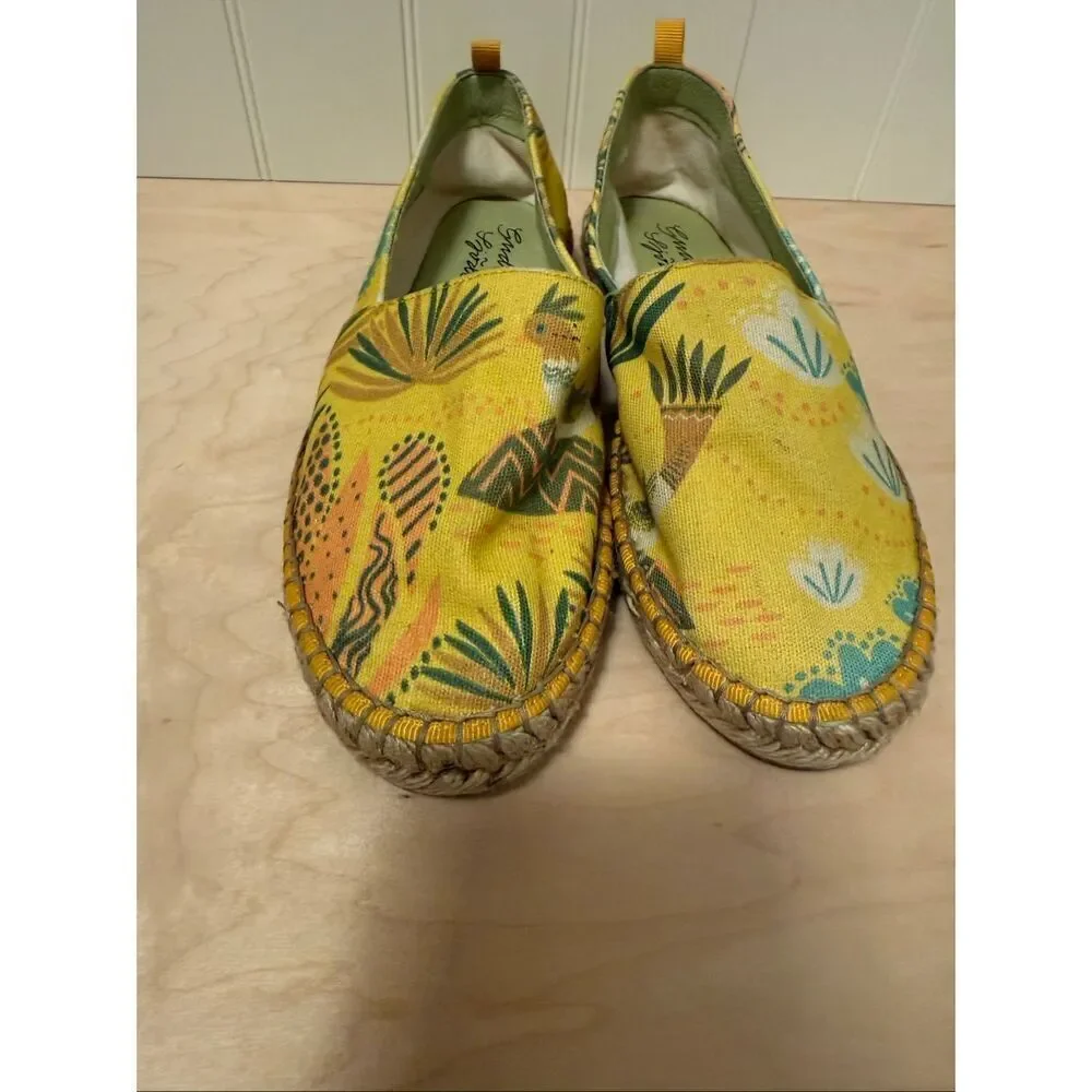 Gudrun Sjoden Yellow Floral Canvas Flats Women Slip-On Espadrilles size 38 (7.5)